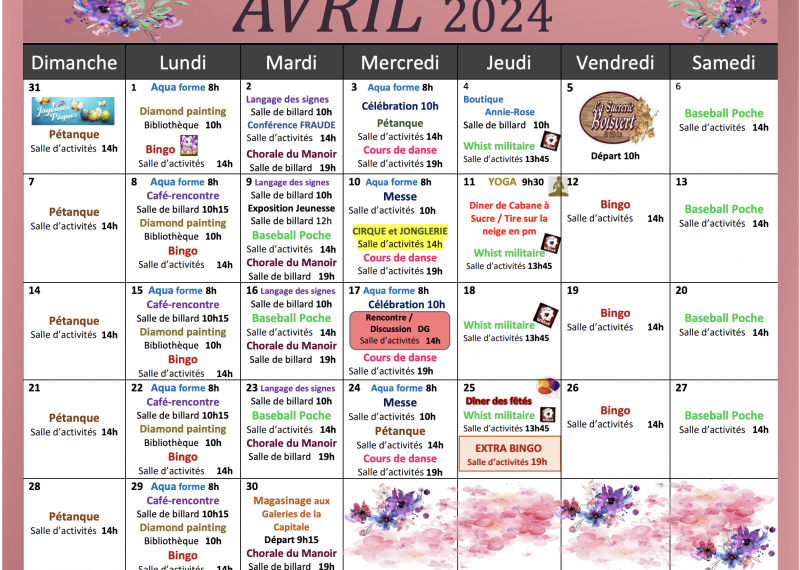 Activités mois d'avril - Manoir Côte Richelieu
